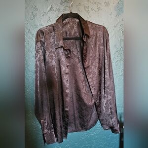 Black Satin Floral Button-Up Long Sleeve